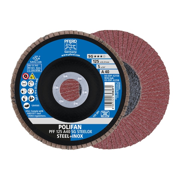 Pferd 5" x 7/8" A.H. POLIFAN Flap Disc - A SG STEELOX, Aluminum oxide, 40 Grit, Flat 62158 - main